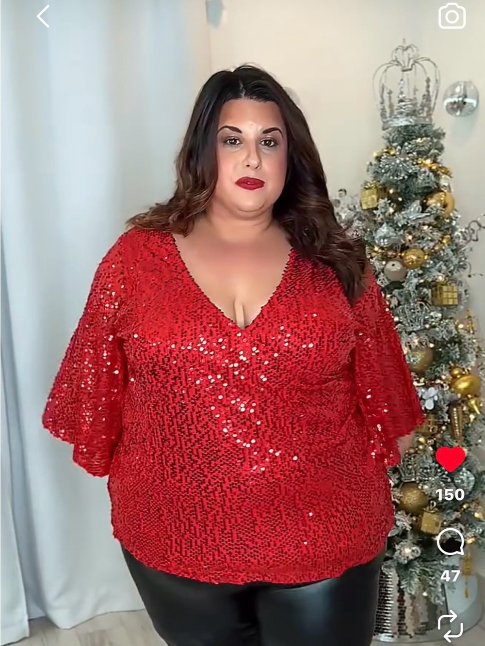 Plus Red Sequin V-Neck Women's Top - Elegant Holiday Style